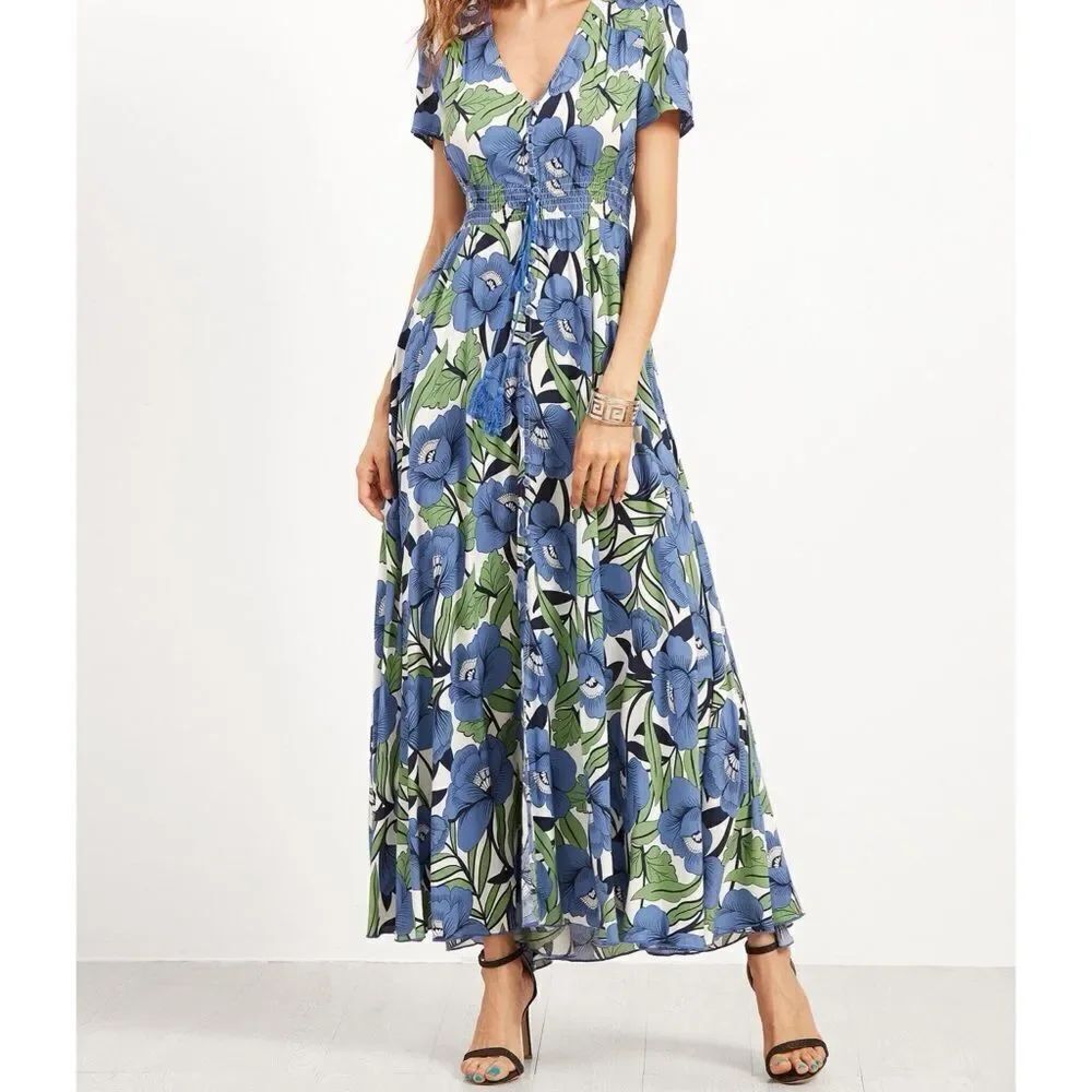 ✨ Flower Print V-Cut Button Shirt Waist Dress